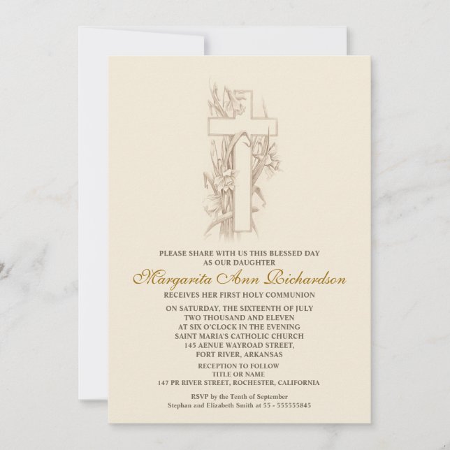 Primera invitación a la comunión - cruz elegante (Anverso)