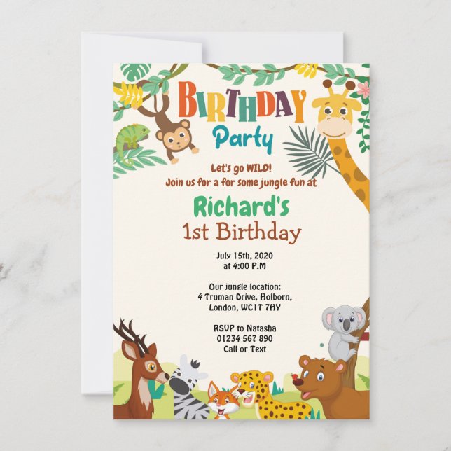 Primera invitación a la selva de cumpleaños (Anverso)