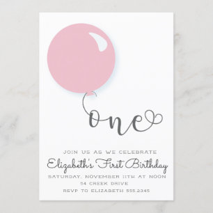 Primera invitación a un globo rosa de cumpleaños