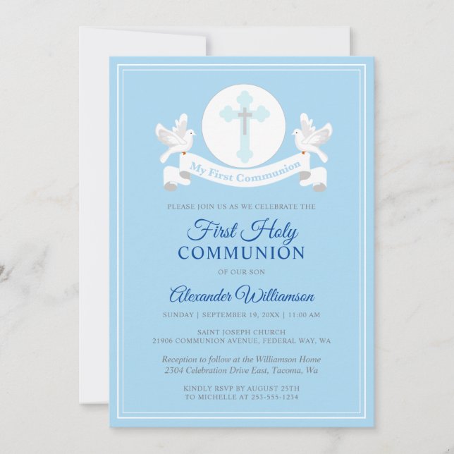 Primera invitación azul de Communion Boy (Anverso)