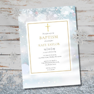Primera Invitación de Bautizo de Copos de Nieve de