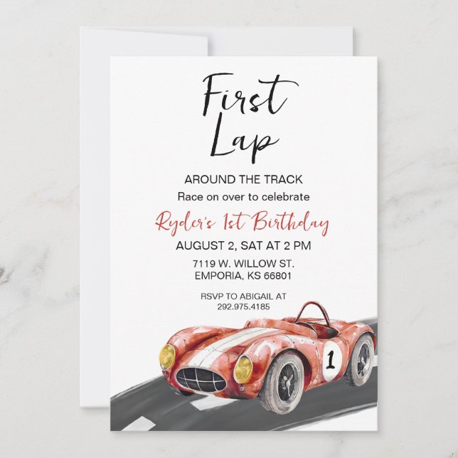 Primera invitación de cumpleaños a Lap Race Car (Anverso)