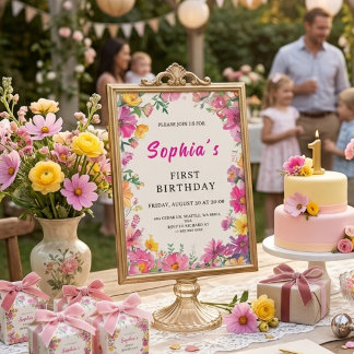Primera invitación de cumpleaños con floral acuare