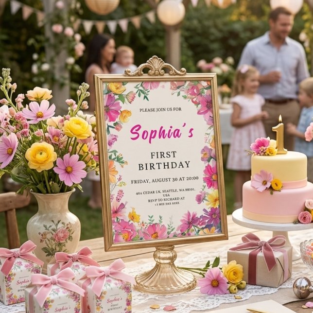 Primera invitación de cumpleaños con floral acuare (Subido por el creador)