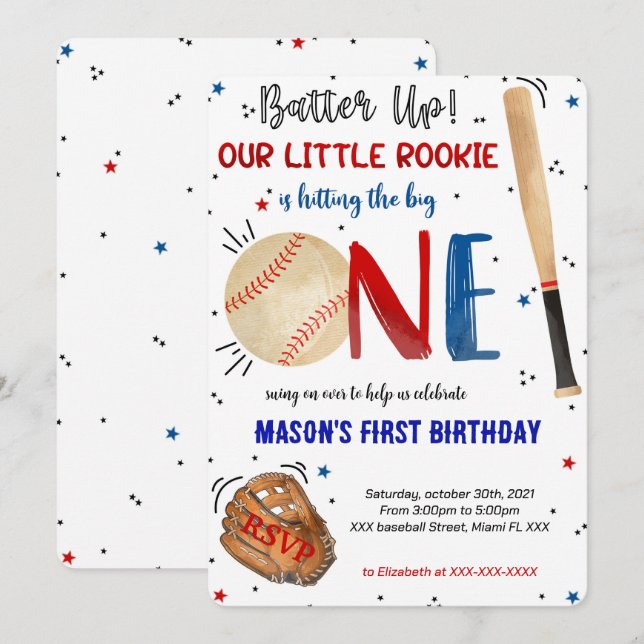 Primera invitación de cumpleaños de béisbol (Anverso / Reverso)
