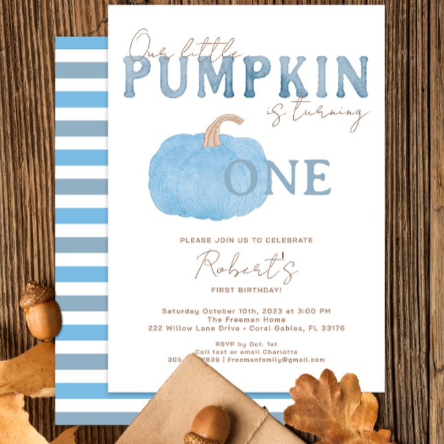 Primera invitación de cumpleaños de calabaza azul (Blue Watercolor Pumpkin Birthday Invitation)
