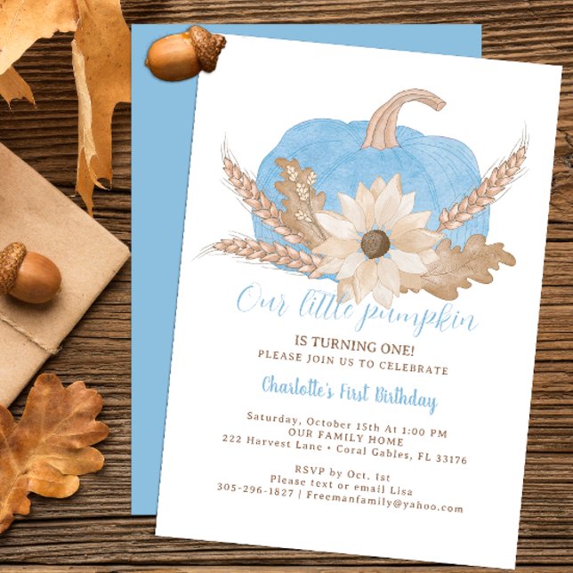 Primera invitación de cumpleaños de calabaza azul (blue pumpkin fall birthday party invitation)
