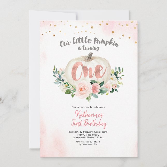 Primera invitación de cumpleaños de calabaza blanc (Anverso)
