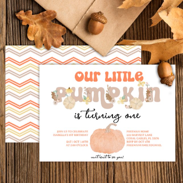 Primera invitación de cumpleaños de calabaza neutr (Gender neutral pumpkin fall birthday party invitation)
