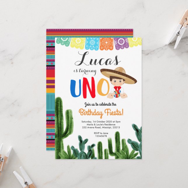 Primera invitación de cumpleaños de Fiesta UNO Cac (Anverso/Reverso In Situ)