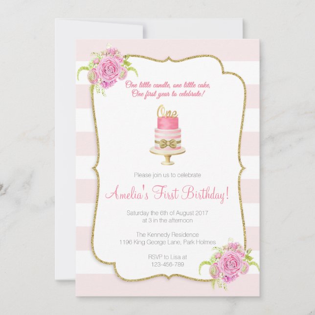 Primera invitación de cumpleaños de Floral Rosa (Anverso)