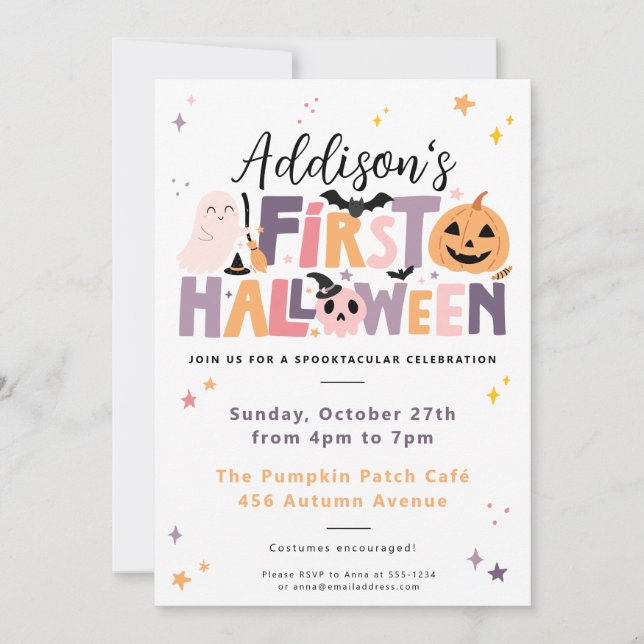 Primera invitación de cumpleaños de Halloween para (Anverso)