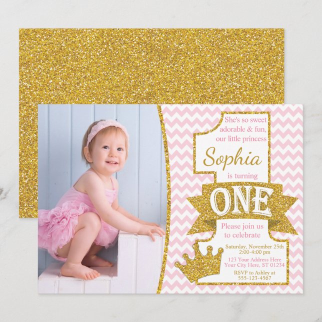 Primera invitación de cumpleaños de Princesa| Rosa (Anverso / Reverso)