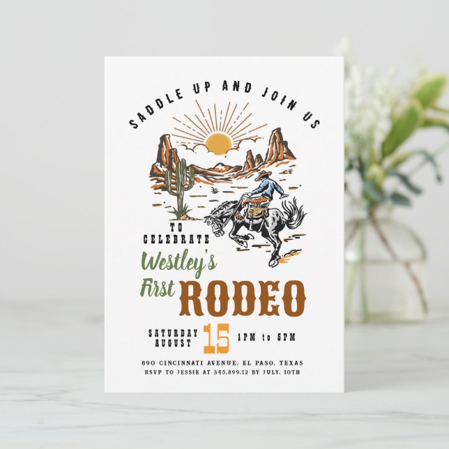 Primera invitación de cumpleaños de Rodeo Boy (Anverso de pie)