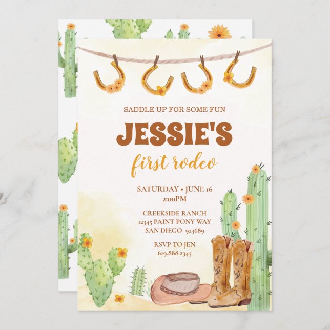 Primera invitación de cumpleaños de Rodeo Cowgirl (Anverso / Reverso)