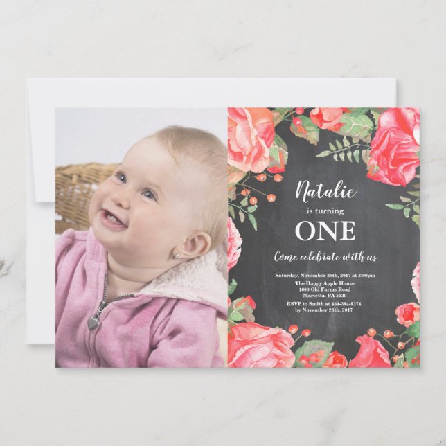 Primera Invitación de Cumpleaños Floral Rojo Botán (Anverso)