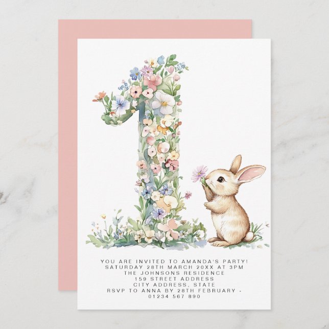 Primera invitación de cumpleaños floral uno y cone (Anverso / Reverso)