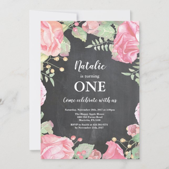 Primera invitación de cumpleaños Pink Floral (Anverso)