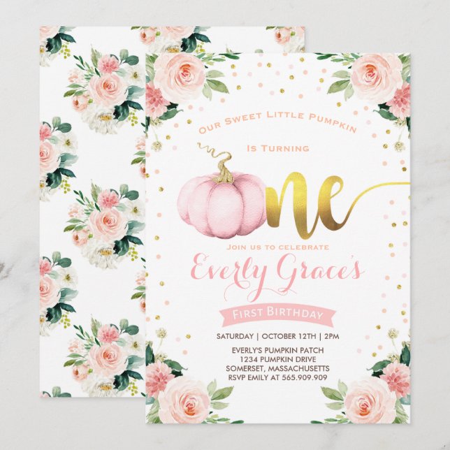 Primera invitación de cumpleaños Rubor Pink Gold (Anverso / Reverso)