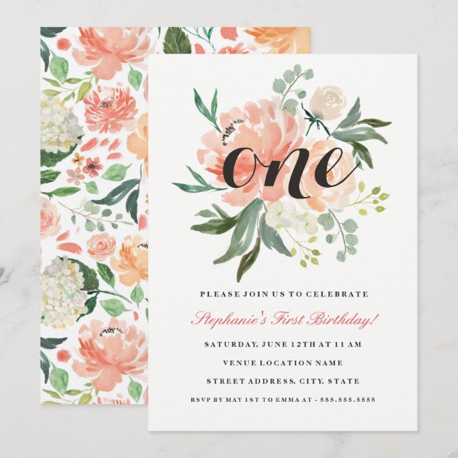 Primera invitación de floral rosa de cumpleaños (Anverso / Reverso)