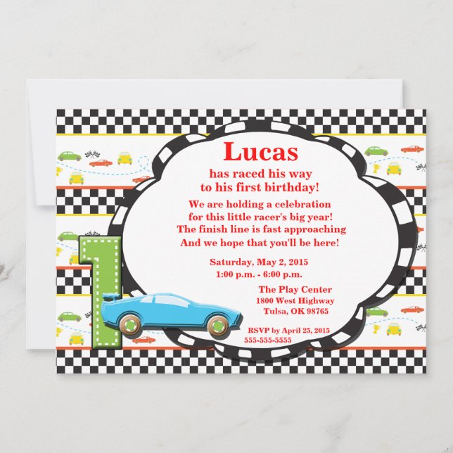 Primera invitación de Racecar de Cumpleaños (Anverso)