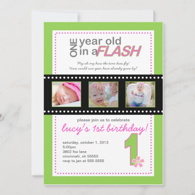 Primera invitación del cumpleaños con las fotos un (Anverso)