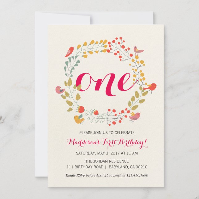 Primera invitación del cumpleaños del bebé floral (Anverso)