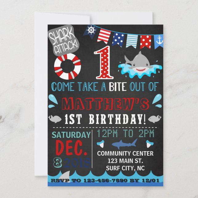 primera invitación del cumpleaños del tiburón (Anverso)