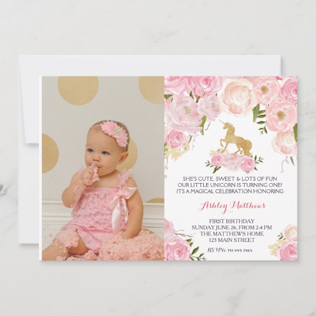 Primera invitación floral de cumpleaños de Unicorn (Anverso)