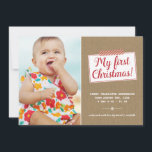Primera Navidad | Anuncio de nacimiento de vacacio<br><div class="desc">Una linda tarjeta de fotos para la primera Navidad del bebé. Este anuncio de nacimiento presenta un fondo de papel kraft,  cinta washi y la frase "Mi primera Navidad" escrita en caligrafía roja bonito. El diseño unisex funciona para una niña o un niño.</div>
