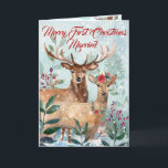 "Primera Navidad casada" acuarela floral moderna<br><div class="desc">"Feliz primera Navidad casada" es una escena de invierno de Navidades nevados con un dólar y un perro. Está adornada con la cabecera floral y el collar de los Navidades. Viven entre los abetos, follaje y bayas, creando un entorno mágico para los Navidades de los bosques. Cada elemento está cuidadosamente...</div>