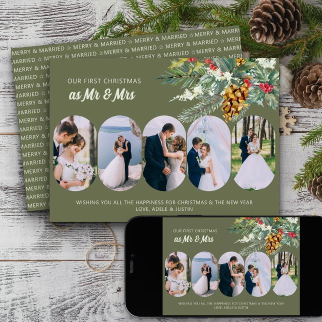 Primera Navidad casada con 5 fotos Holly y Pine (First Christmas Married Photo Holiday Card from Rounded Lozenge Photo Collage collection)