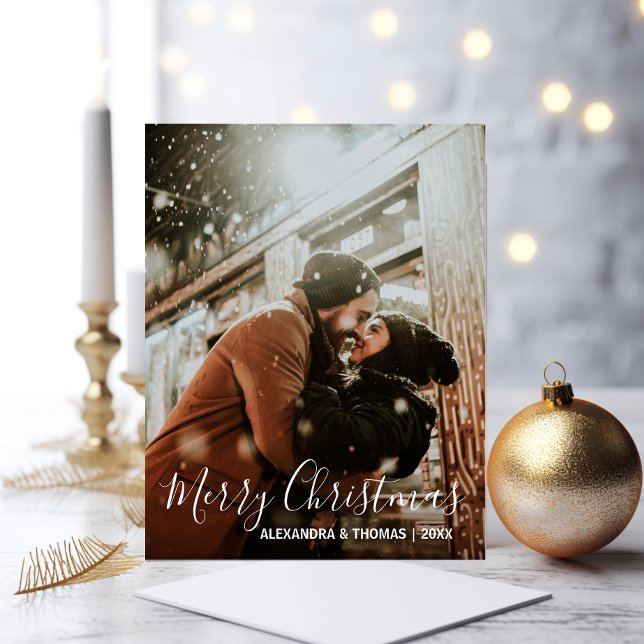 Primera Navidad casada con blanco comprometido | F (First Christmas Married Engaged White  PHOTO Holiday Postcard)