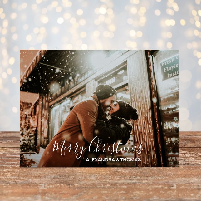 Primera Navidad casada con blanco comprometido | F (First Christmas Married Engaged White  PHOTO Holiday Postcard)