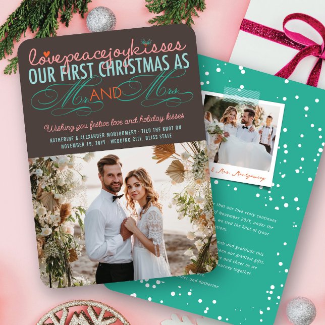 Primera Navidad de Sr y Sra con Muérdago Foto Boda (Colorful Love Peace Joy Kisses Our First Christmas As Mr & Mrs Holiday Wedding Photo Card @ fatfatin)