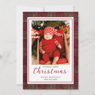 Primera Navidad del Bebé Burgundy Verde Tartán Cua