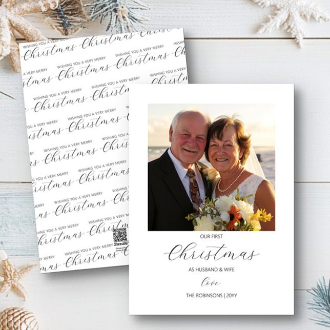 Primera Navidad Mr. y Mrs. Simple Square Photo (Our first christmas as husband and wife Christmas Photo Card by Darling & May)