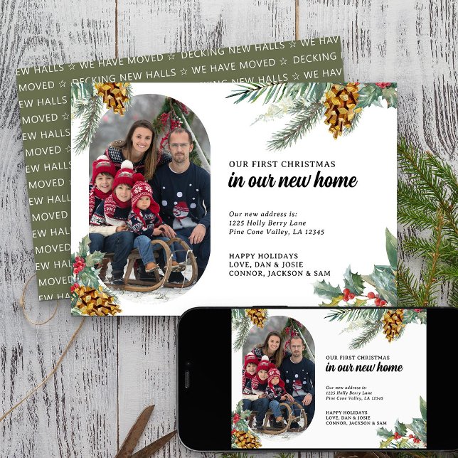 Primera Navidad Nueva Casa Lozenge Foto Holly Pine (First Christmas New Home Photo Holiday Card from Rounded Lozenge Photo Collage collection)
