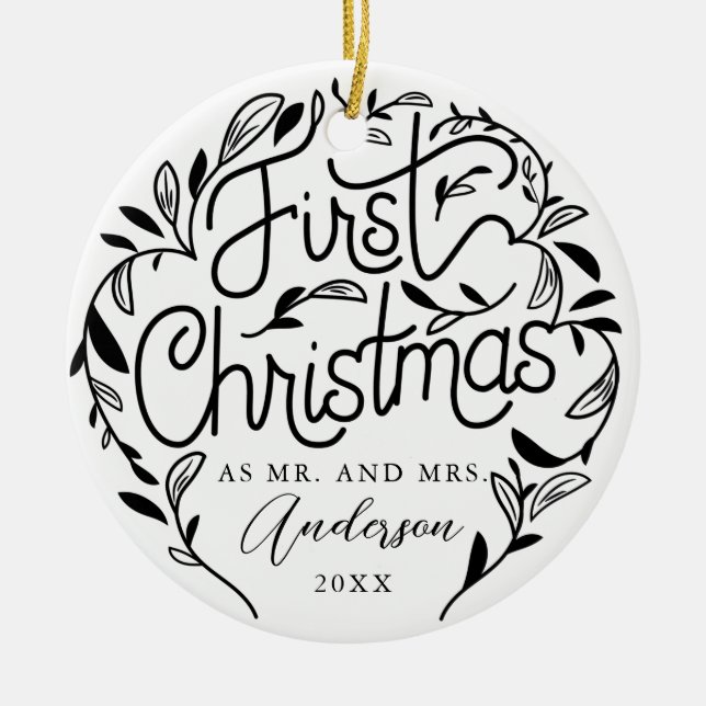 Primera Navidad Pareja Casada Ornamento cerámico (Frente)