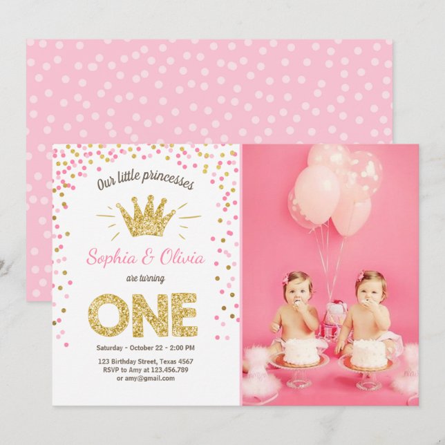 Primera princesa Gold Pink Twins de la invitación (Anverso / Reverso)