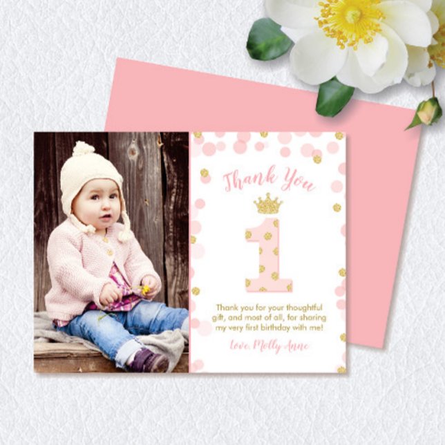 Primera tarjeta de agradecimiento a Princesa Rosa  (Princess Pink & Gold Glitter 1st Birthday Thank You Note Card)