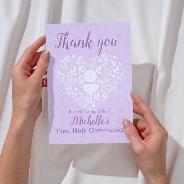 Primera tarjeta de agradecimiento de Chica de la S (Get this sweet personalized design for First Holy Communion Thank You Card for a Catholic girl)