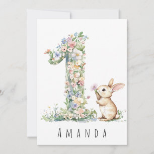 Primera tarjeta de conejo floral de cumpleaños