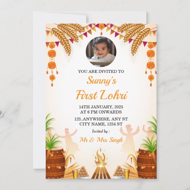Primera tarjeta de invitación Lohri, tarjeta de Fi (Anverso)
