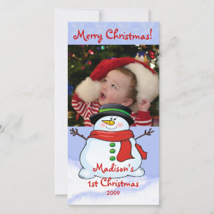 Primera tarjeta de Navidad con foto de muñeco de n