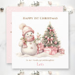 Primera tarjeta de Navidad de Chica de Snowman ros<br><div class="desc">Navidades con una adorable muñeca de nieve de color rosa para bebés y niñas. Personaliza fácilmente esta tarjeta de Navidades con tu propio texto - Kate Eden Art.</div>