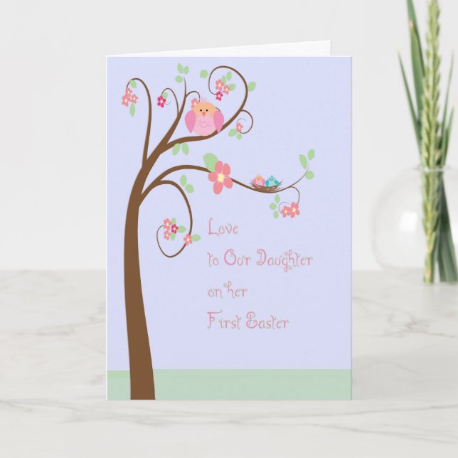 Primera tarjeta de Pascua de la hija con un árbol  (Anverso)