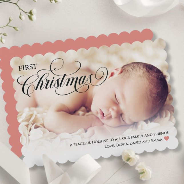 Primera tarjeta de vacaciones plana de Navidad par (Baby's First Christmas Heart Flat Holiday Card)