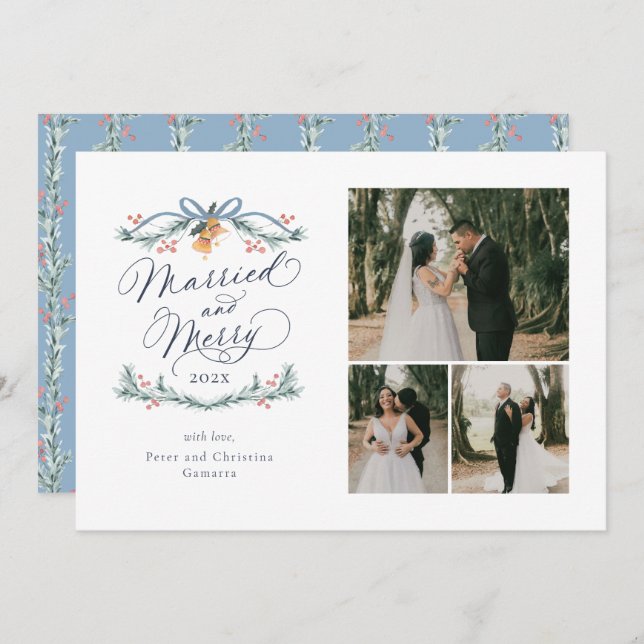 Primera tarjeta navideña de matrimonio y multifoto (Anverso / Reverso)
