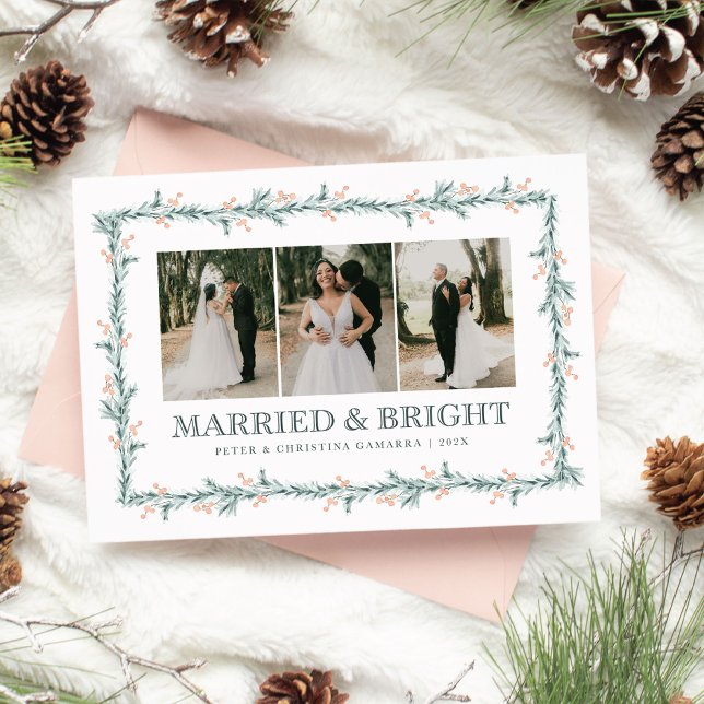 Primera tarjeta navideña multifoto de Navidad (A romantic newlywed holiday card featuring three photos and elegant watercolor winter greenery)